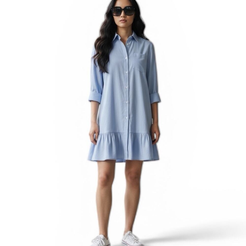 Chambray Lite Blue Shirt Dress Flounce Hemline Size Medium